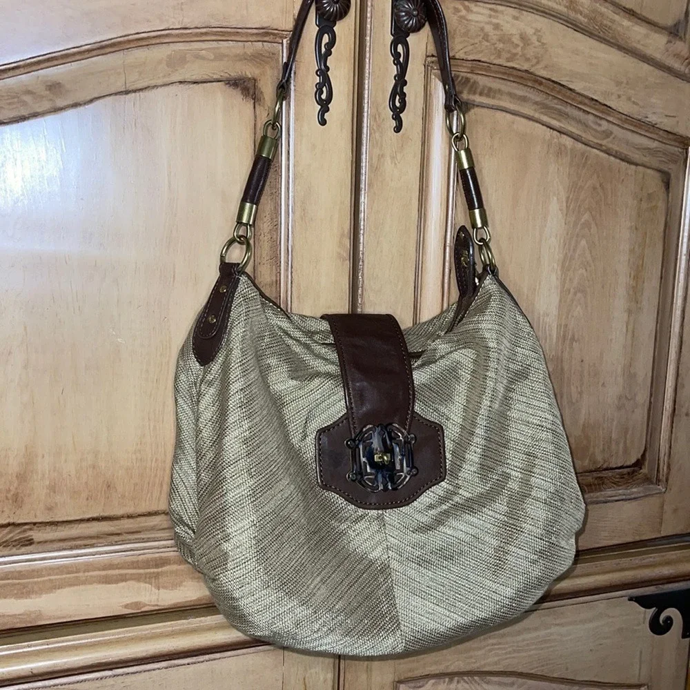 Cole Haan Collection Gold Metallic Woven Leather Hobo Bag Brow Tortoise Turnlock